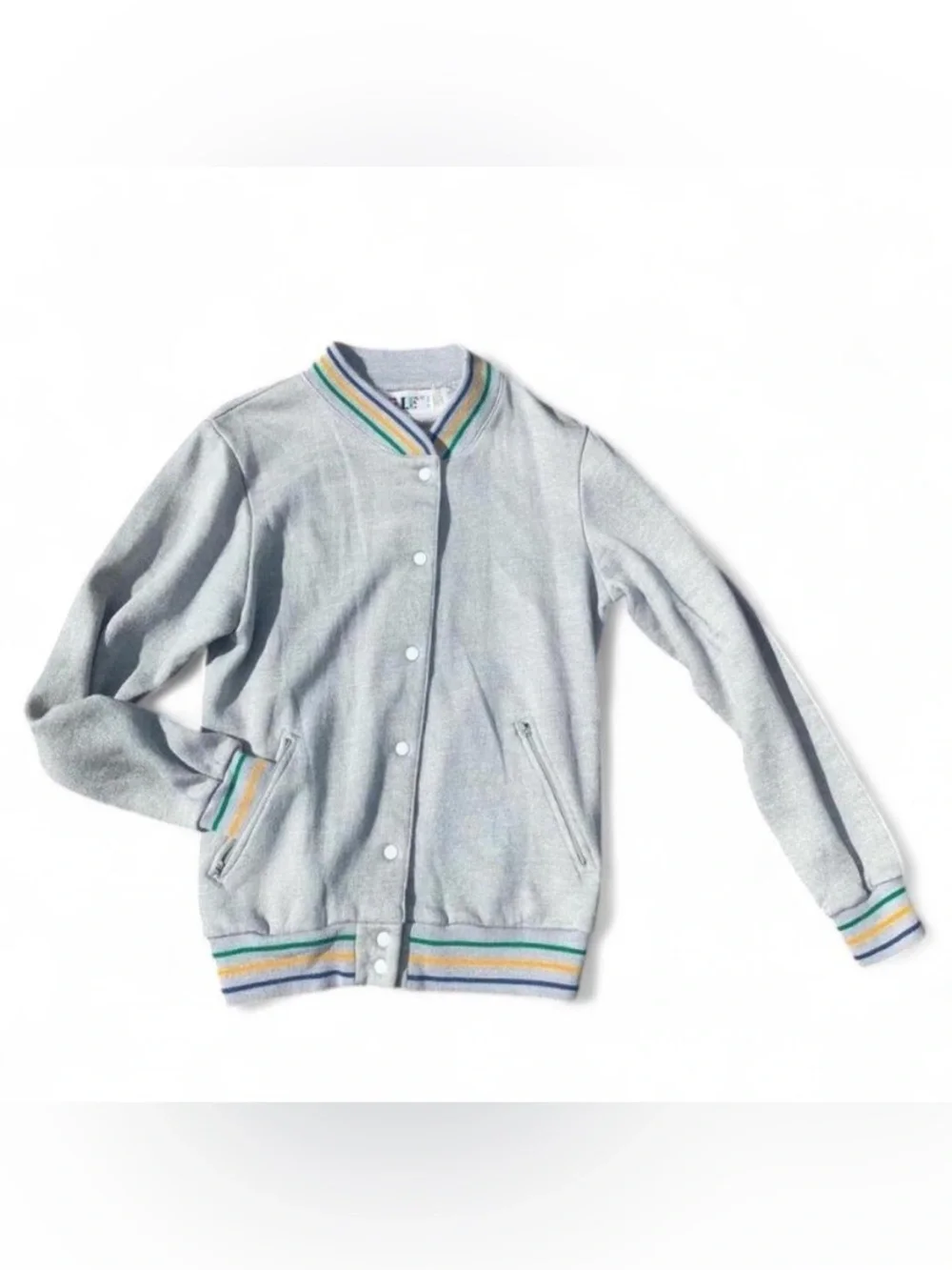Preppy Vintage Varsity Jacket Heather Gray with Green, Yellow, and Blue Stripes